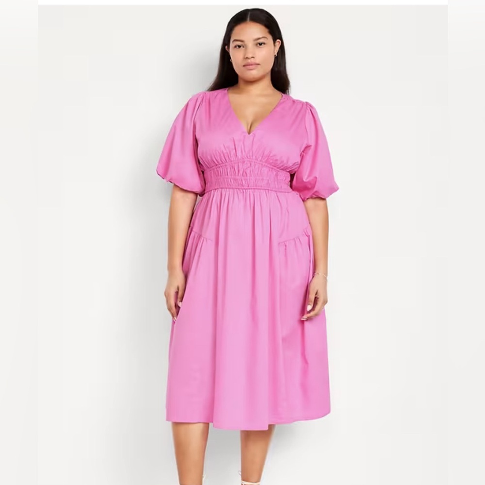 Old Navy Waist-Defined Puff-Sleeve Midi Dress | XXL Petite | 100% Cotton